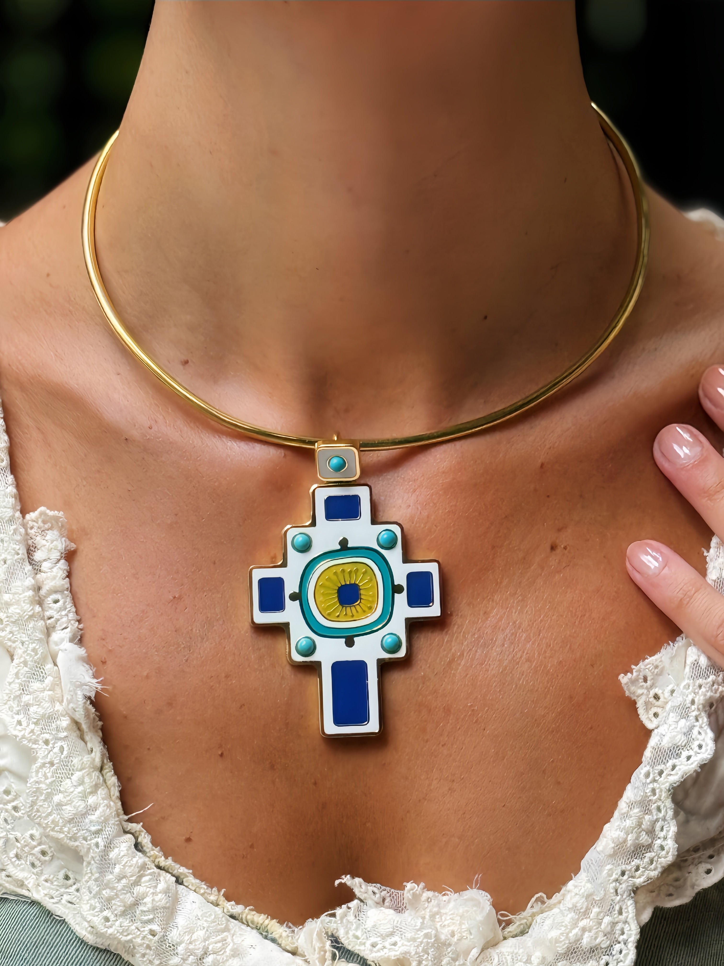 Necklace Cross with natural turquoise stones